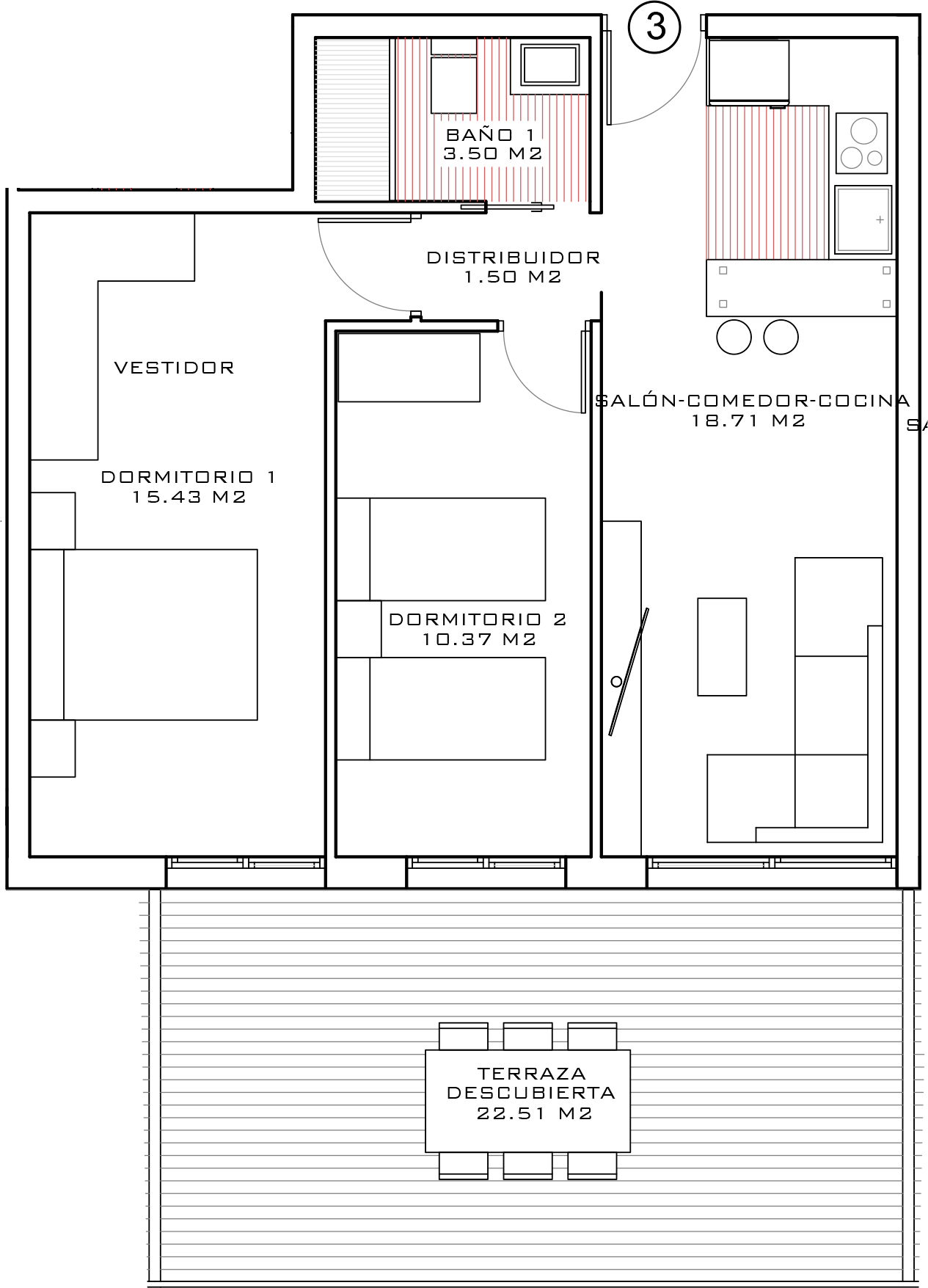 Plano ático PA-02 — 56 m² + terraza 23 m²