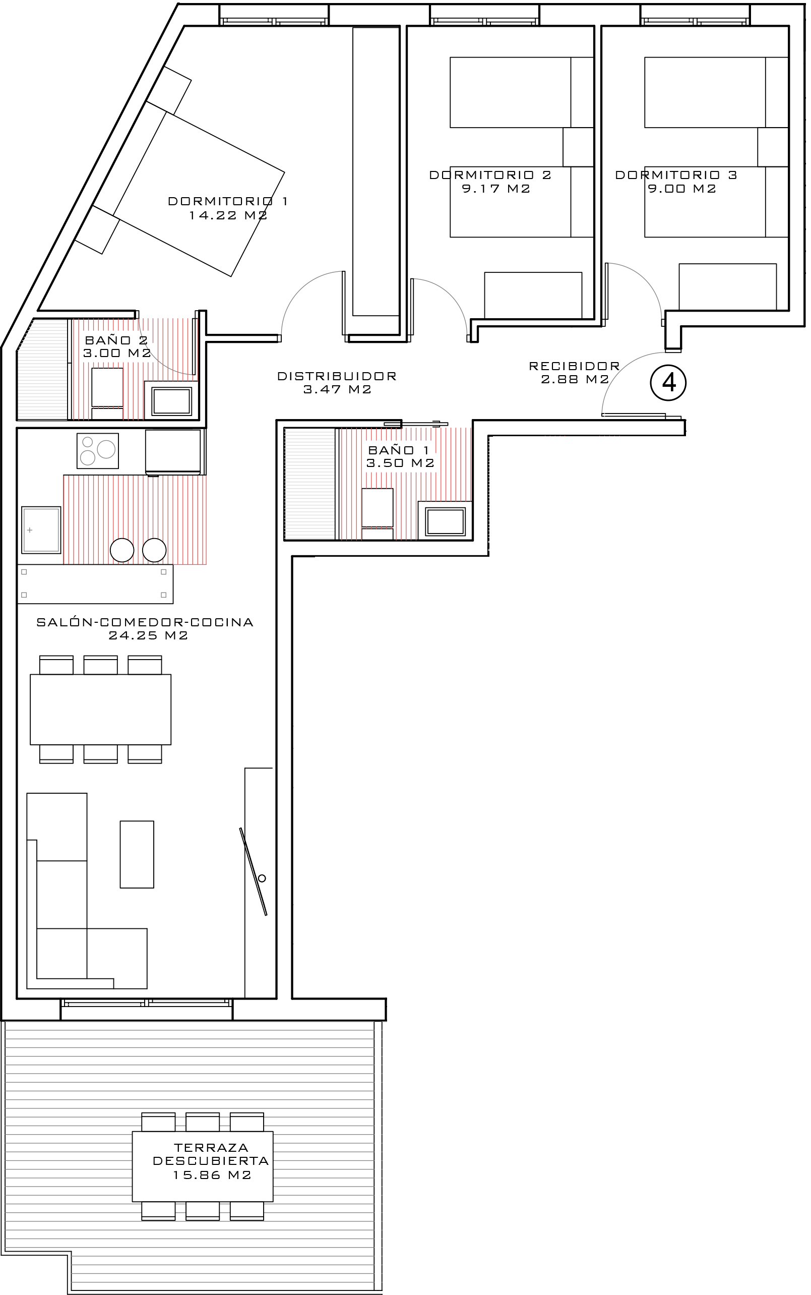 Plano ático PA-03 — 55 m² + terraza 23 m²