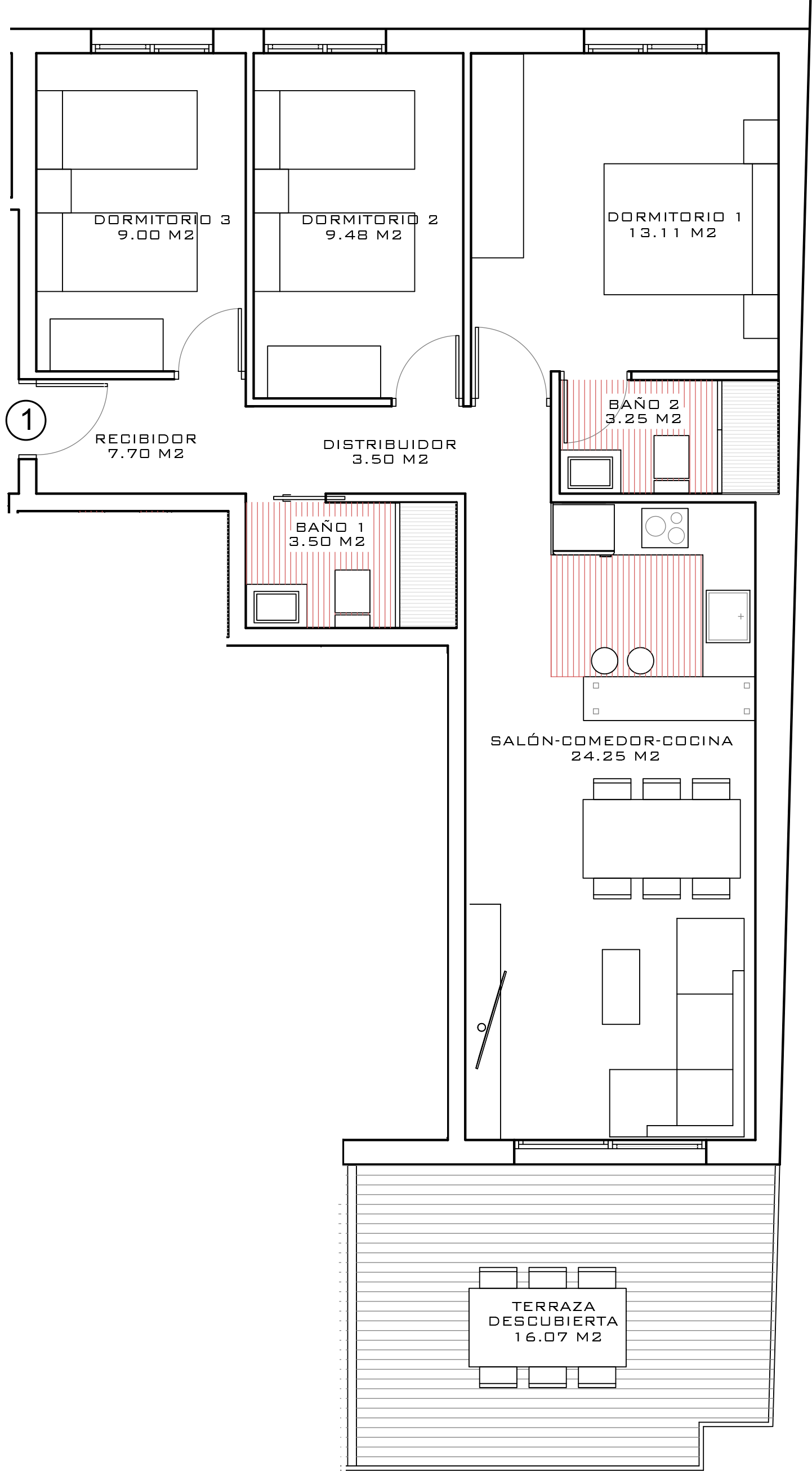 Plano ático PA-04 — 79 m² + terraza 16 m²