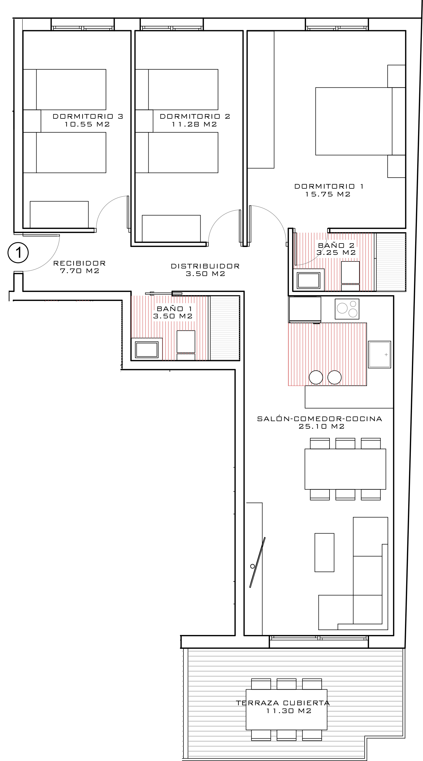 Plano tipología P1-01 / P2-01 / P3-01 — 93 m²