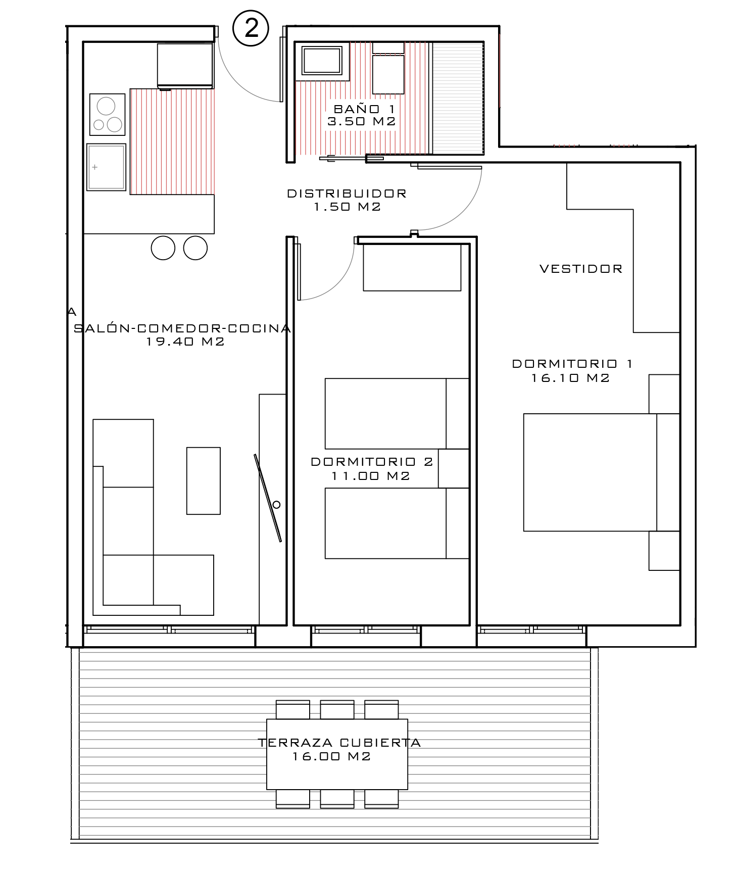 Plano tipología P1-02 / P2-02 / P3-02 — 66 m²