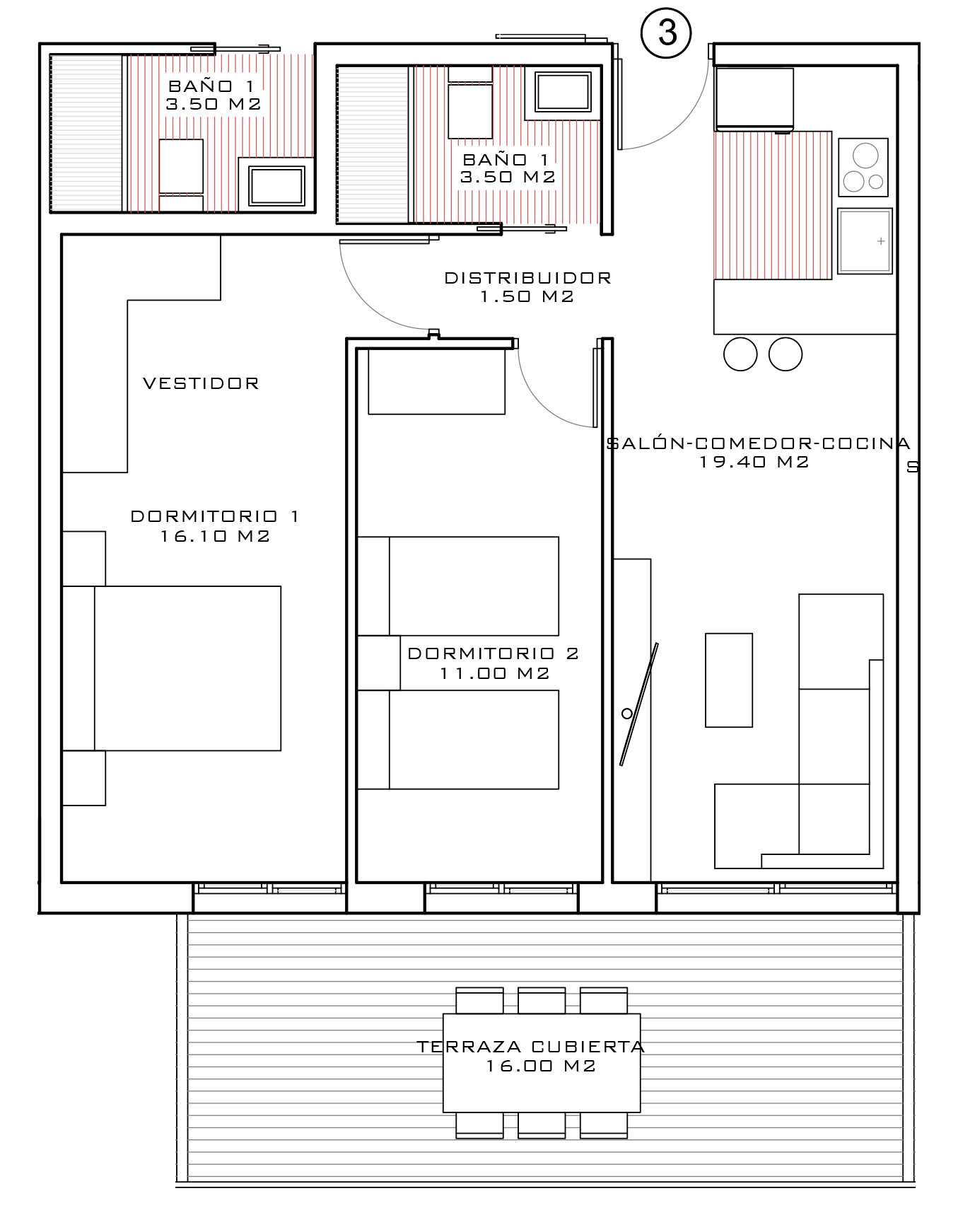 Plano tipología P1-03 / P2-03 / P3-03 — 64 m²