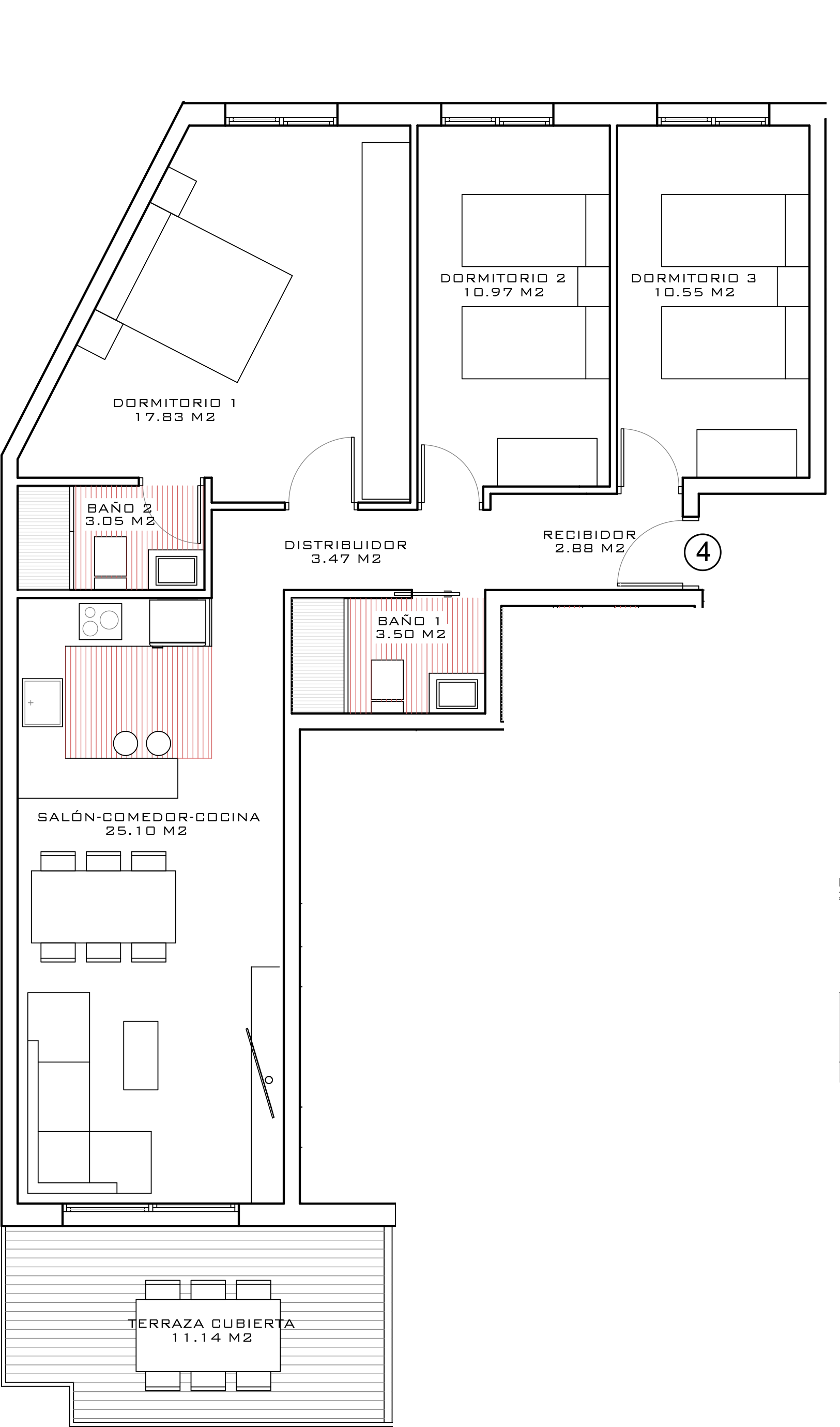 Plano tipología P1-04 / P2-04 / P3-04 — 93 m²