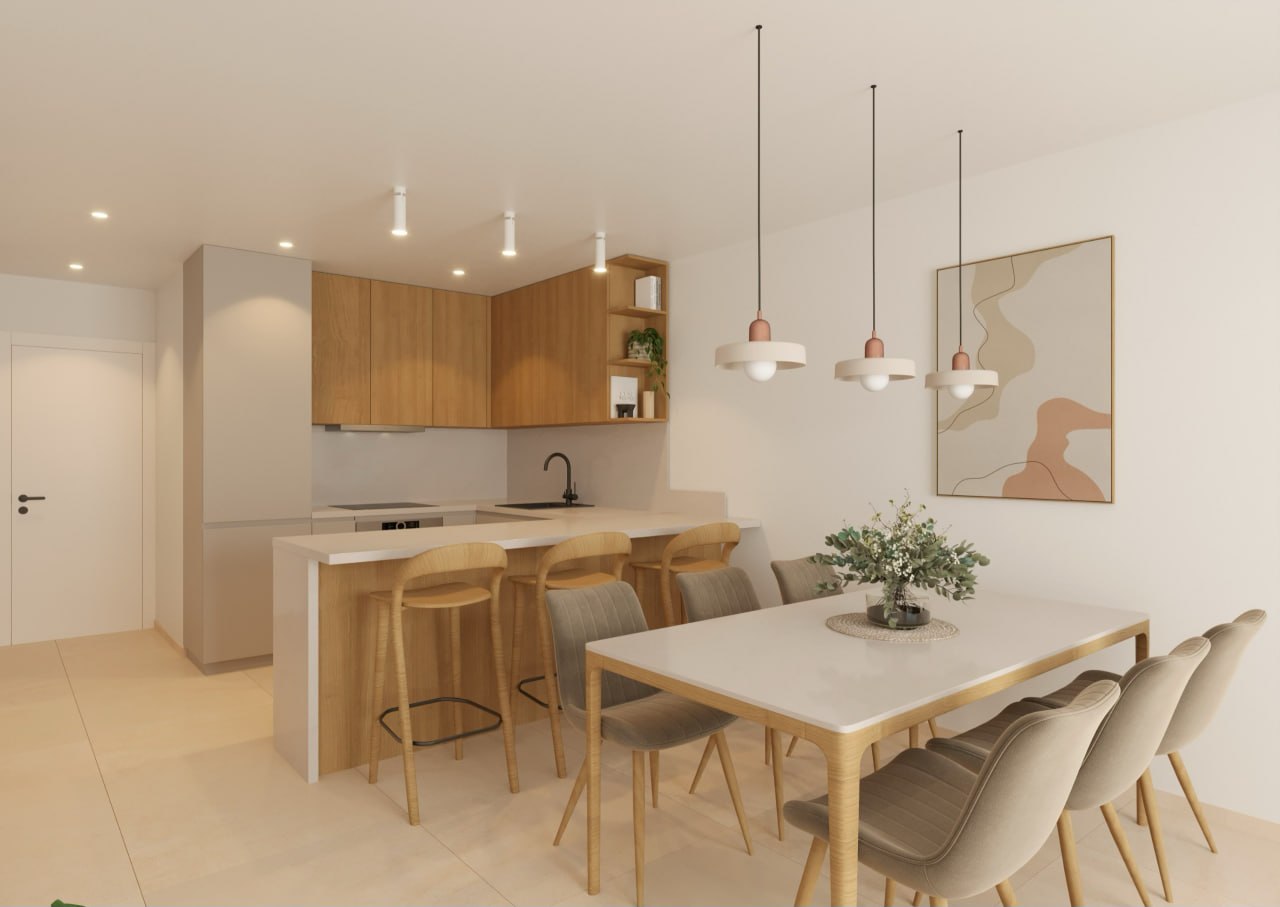 Cocina y comedor de diseño con módulos de roble y lámparas colgantes — Prim 3