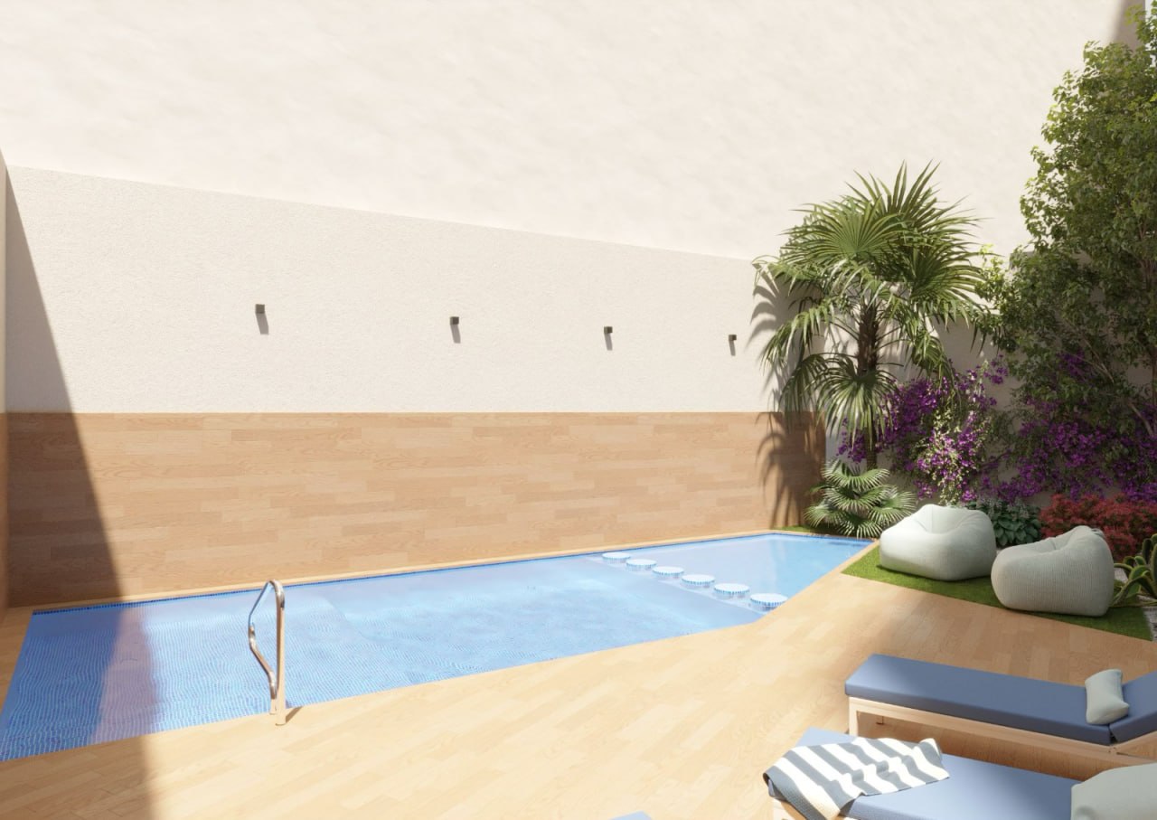 Piscina comunitaria diurna con hamacas y palmeras — Prim 3