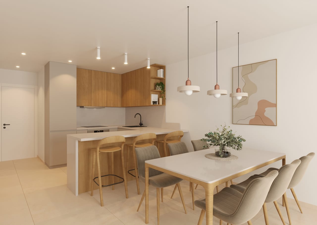 Cocina abierta con barra y comedor integrado — Prim 3